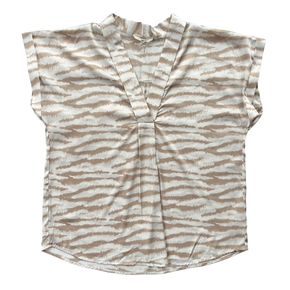 Entro Womens Sz Small White Tan Zebra Print V-Neck Short Sleeve Polyester Blouse